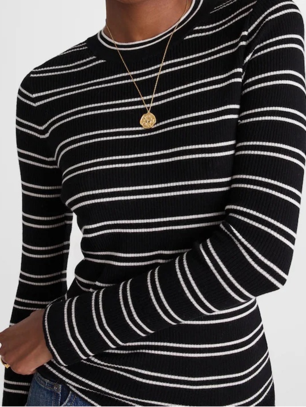Madewell Double Layered Crewneck in Merino-Silk Blend XXS Black Ivory Striped